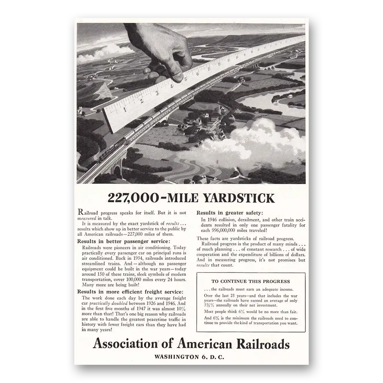 1947 Association of American Railroads Mile Yardstick Vintage Magazine Print Ad