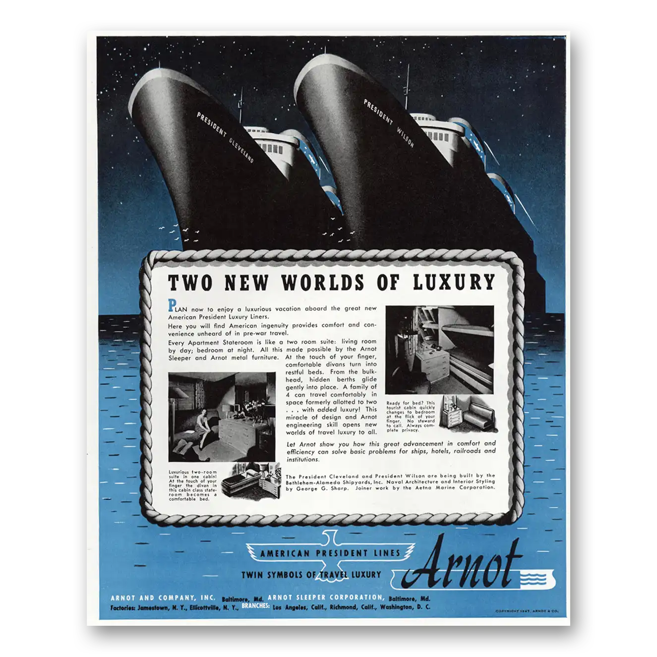 1947 American President Lines Two New Worlds of Luxury Vintage Magazine Print Ad