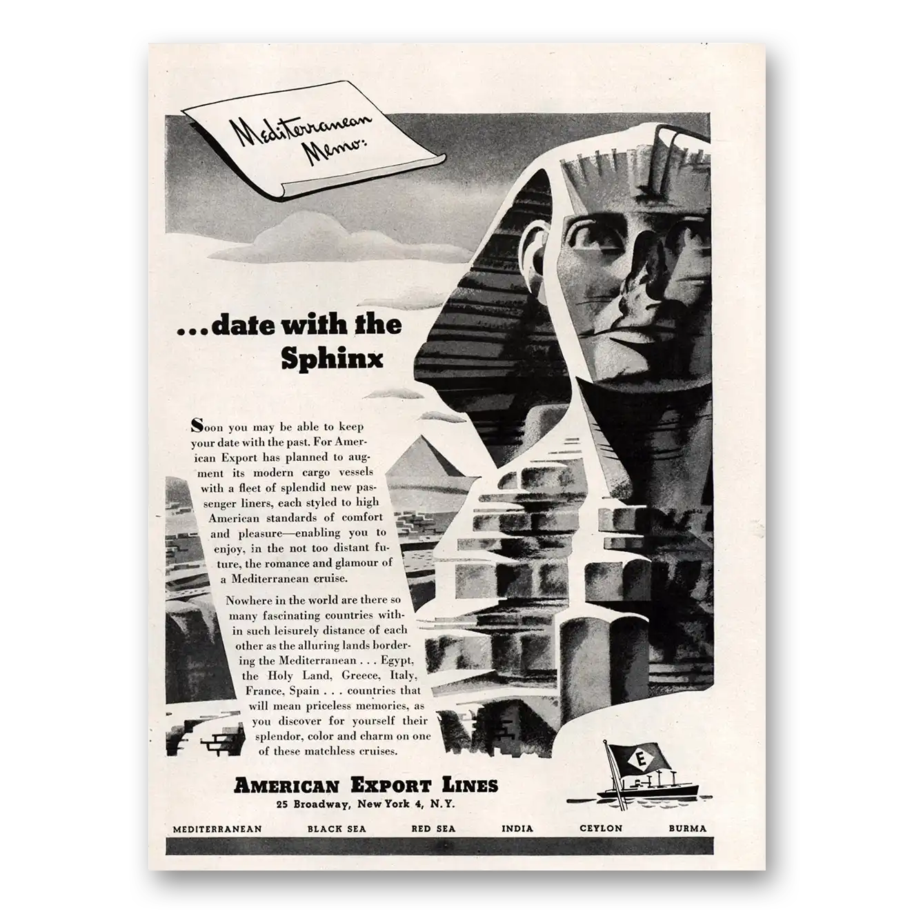 1947 American Export Lines Date With the Sphinx Vintage Magazine Print Ad