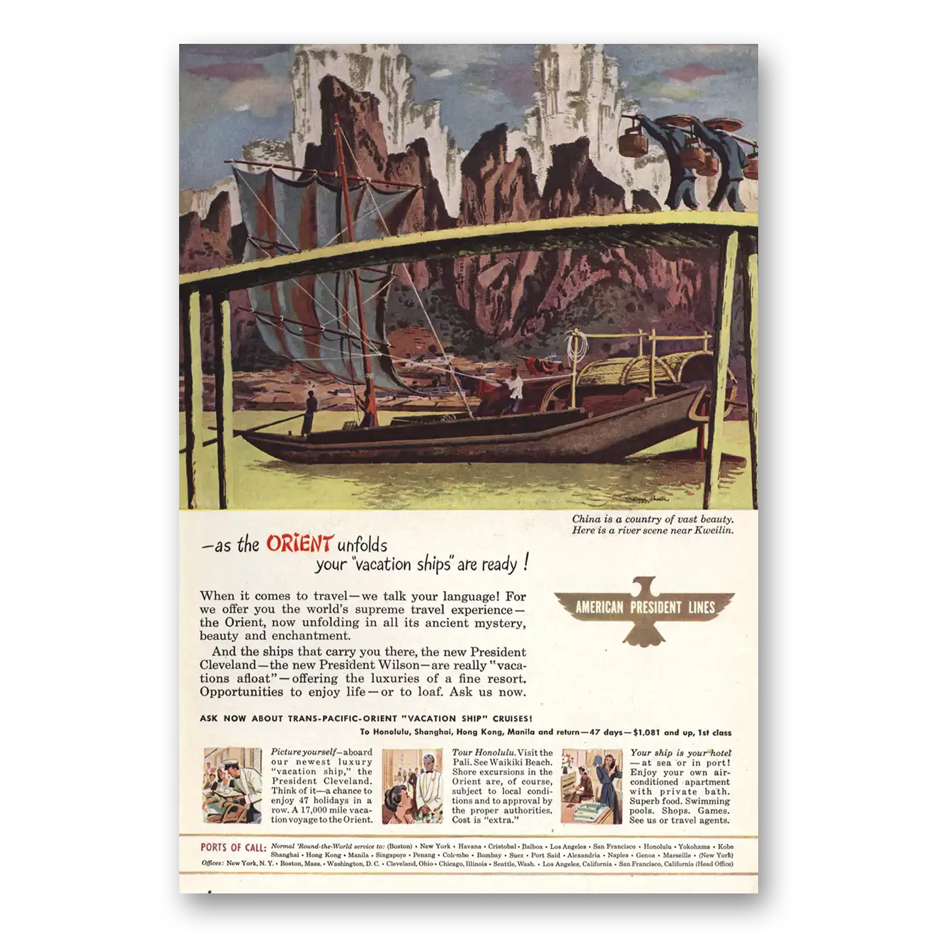 1947 American President Lines River Scene Near Kweilin China Vintage Magazine Print Ad