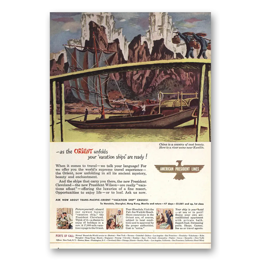 1947 American President Lines River Scene Near Kweilin China Vintage Magazine Print Ad