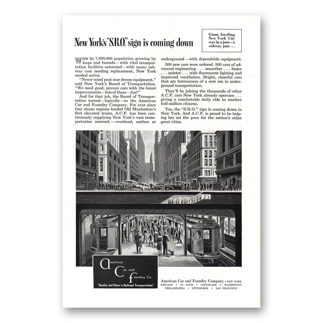 1947 American Car and Foundry New York SRO Sign Vintage Magazine Print Ad