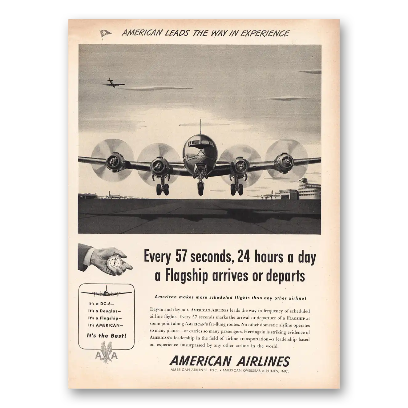 1947 American Airlines Every 57 Seconds Flagship Arrives Departs Vintage Magazine Print Ad