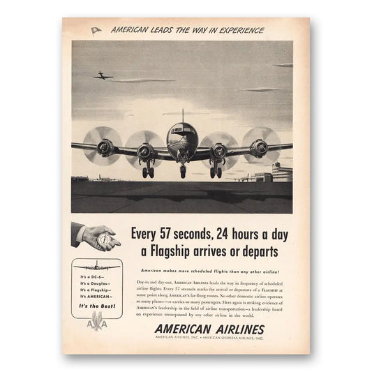 1947 American Airlines Every 57 Seconds Flagship Arrives Departs Vintage Magazine Print Ad