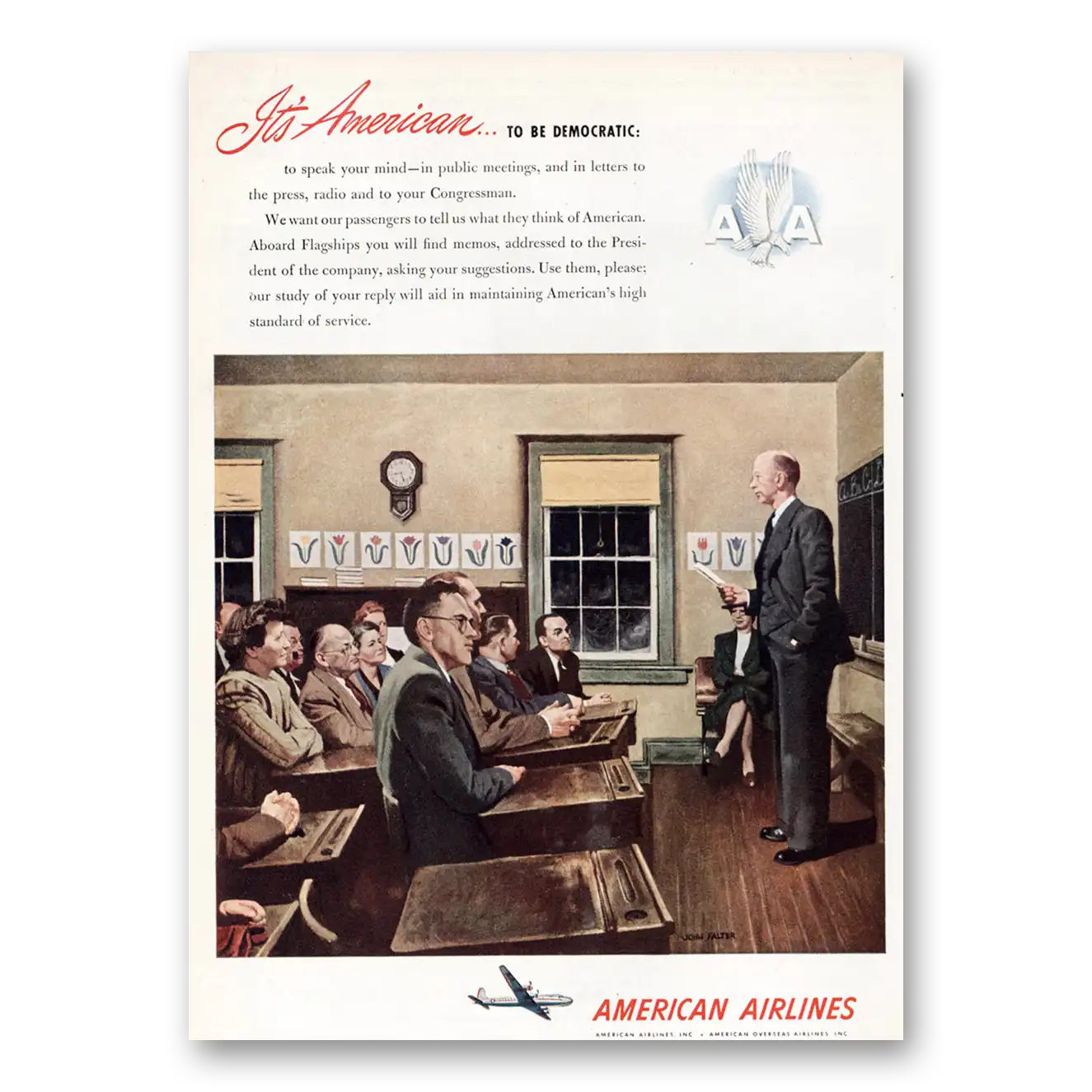 1947 American Airlines American to Be Democratic Vintage Magazine Print Ad