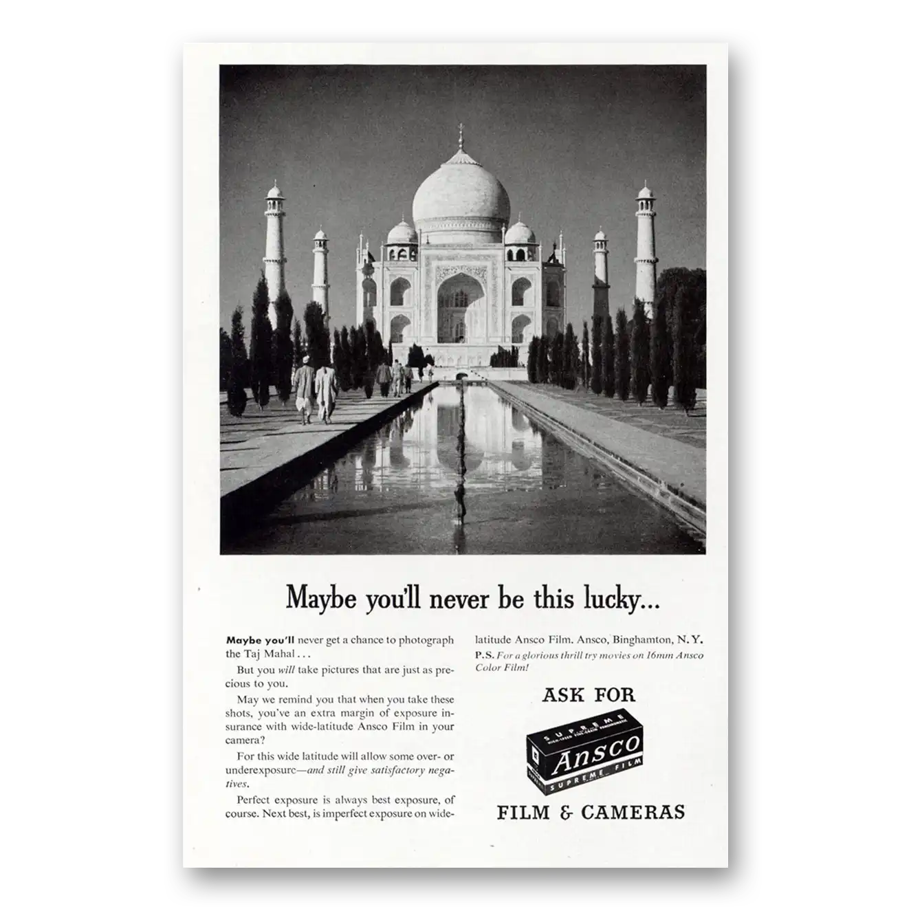 1947 Ansco Film Taj Mahal Maybe Never Be This Lucky Vintage Magazine Print Ad