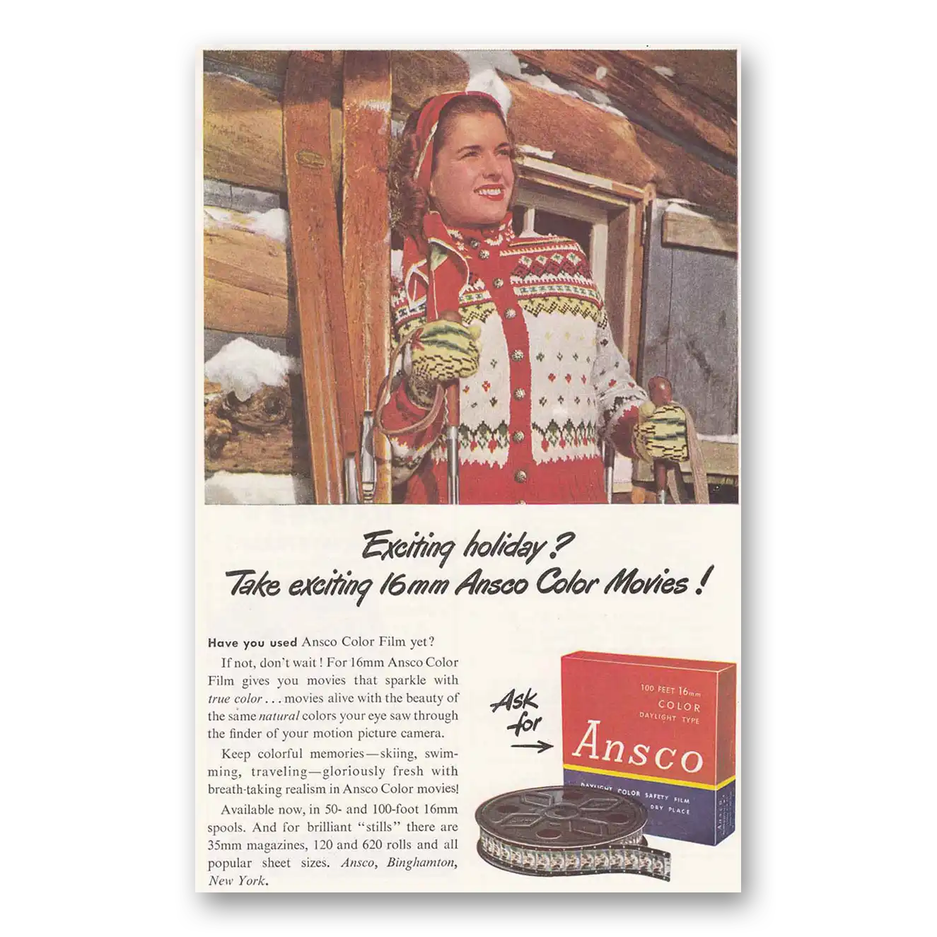 1947 Ansco Film Exciting Holiday Vintage Magazine Print Ad