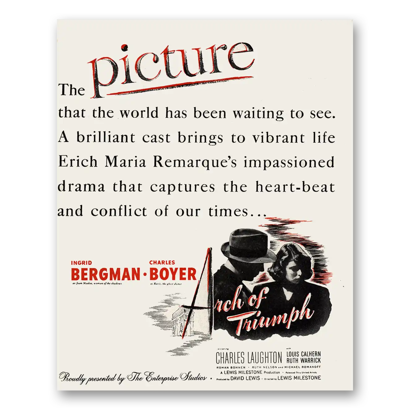 1947 Arch of Triumph Movie Promo Ingrid Bergman Charles Boyer Vintage Magazine Print Ad