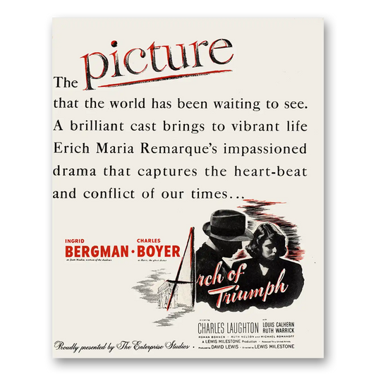 1947 Arch of Triumph Movie Promo Ingrid Bergman Charles Boyer Vintage Magazine Print Ad