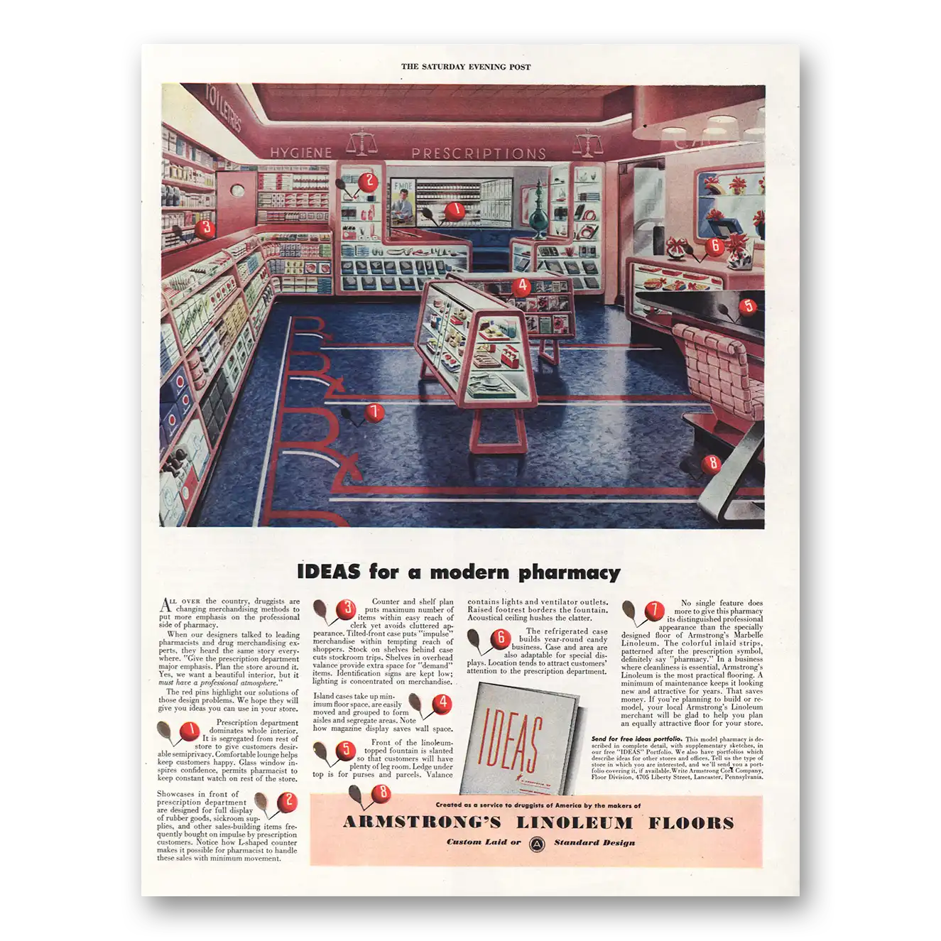 1948 Armstrong Linoleum Floors Modern Pharmacy Vintage Magazine Print Ad