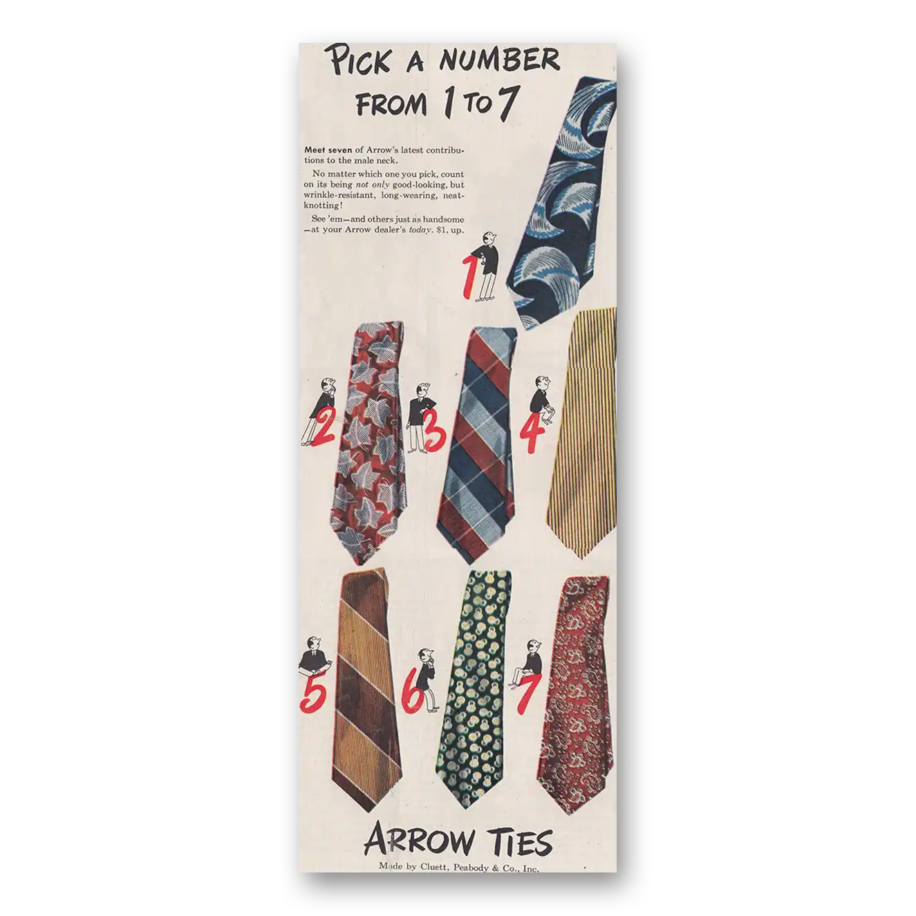 1947 Arrow Ties Pick A Number From 1 To 7 Vintage Magazine Print Ad