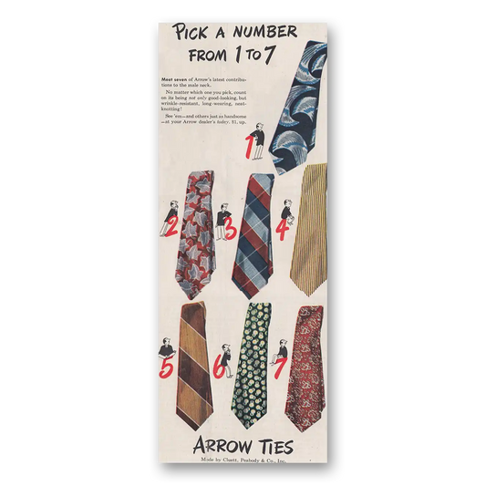 1947 Arrow Ties Pick A Number From 1 To 7 Vintage Magazine Print Ad