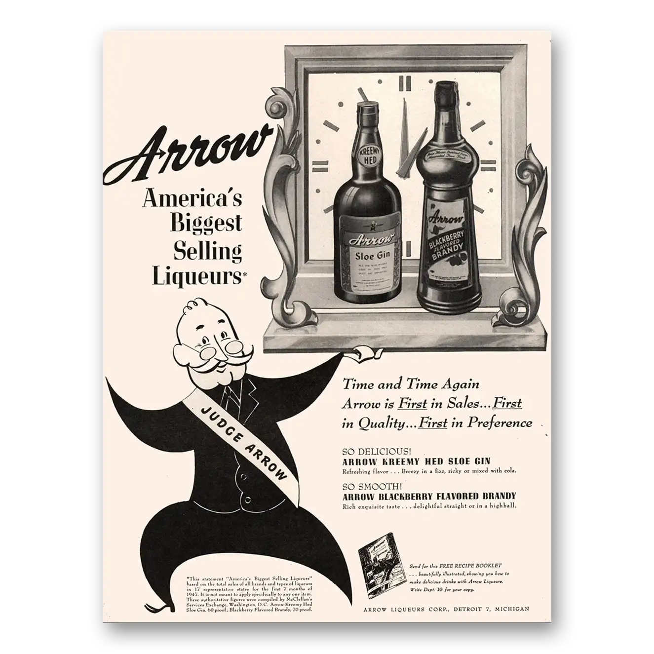 1947 Arrow Liqueurs Time and Time Again Judge Arrow Vintage Magazine Print Ad