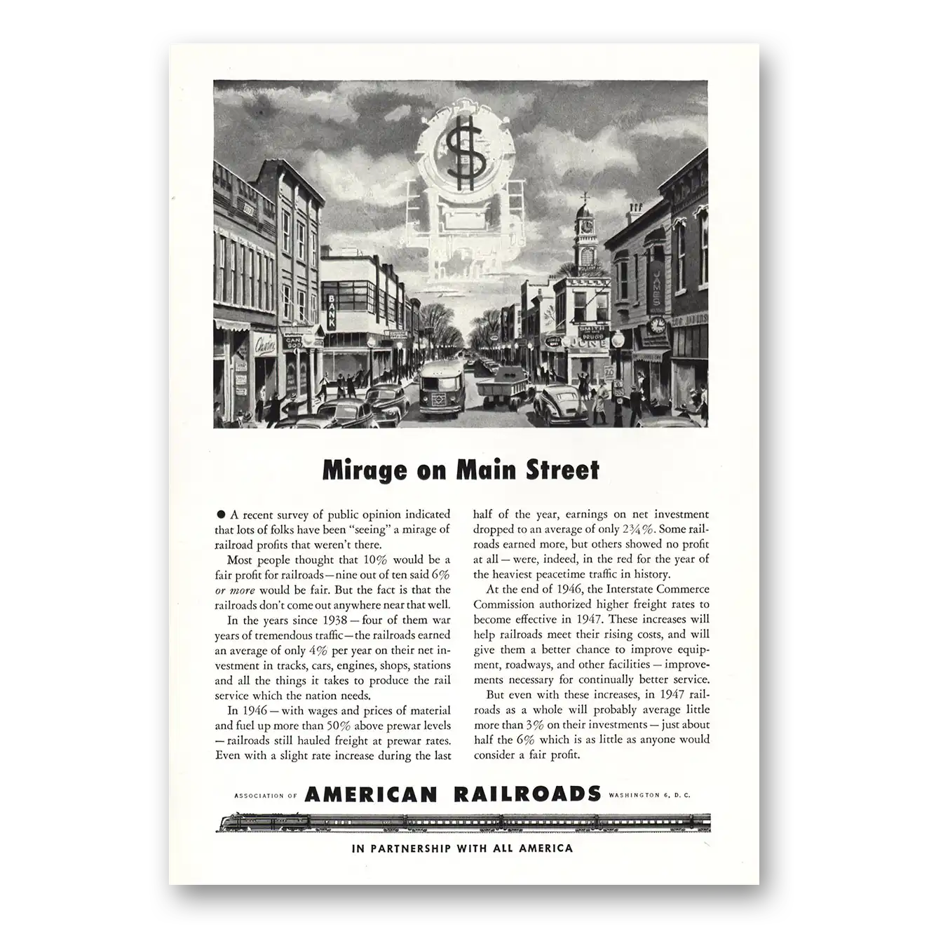 1947 Association of American Railroads Mirage on Main Street Vintage Magazine Print Ad