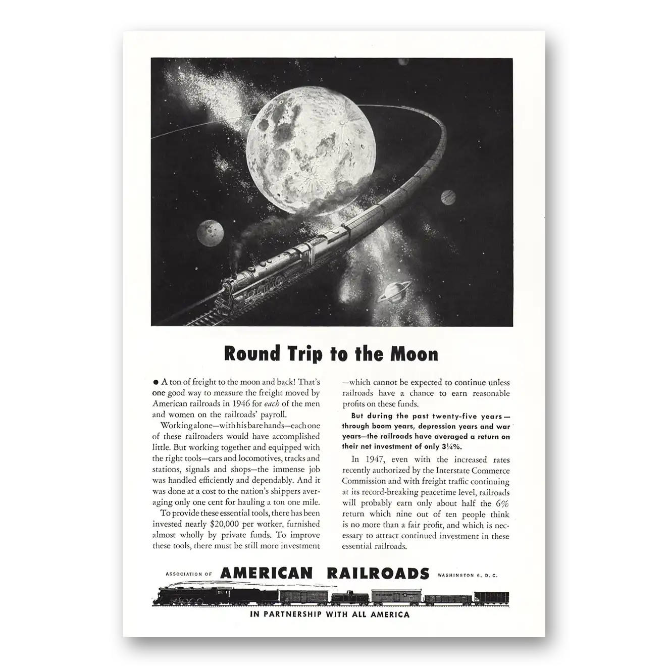 1947 Association of American Railroads Round Trip to the Moon Vintage Magazine Print Ad