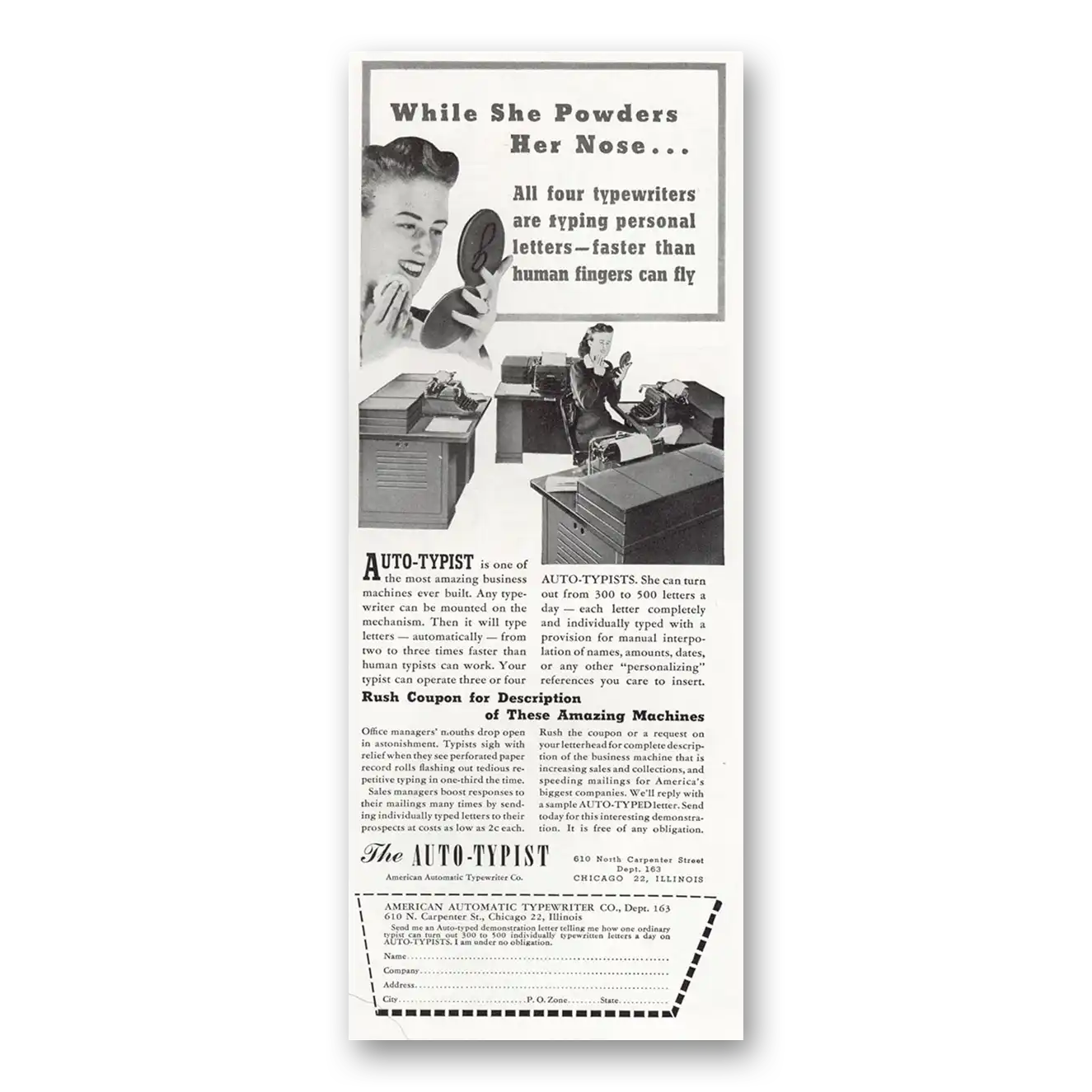 1947 American Automatic Typewriter Auto Typist While She Powders Her Nose Vintage Magazine Print Ad