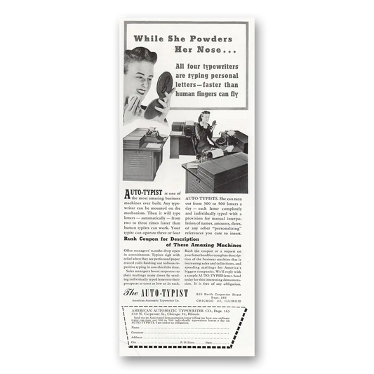 1947 American Automatic Typewriter Auto Typist While She Powders Her Nose Vintage Magazine Print Ad