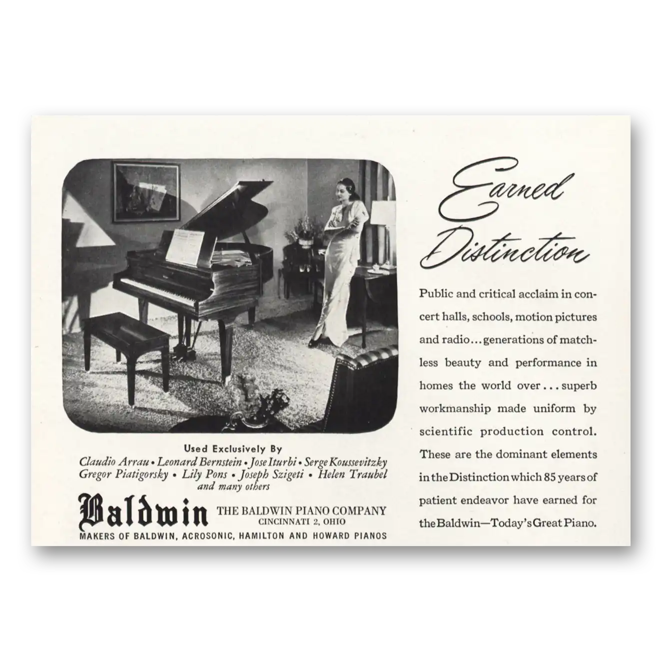 1947 Baldwin Piano Earned Distinction Vintage Magazine Print Ad