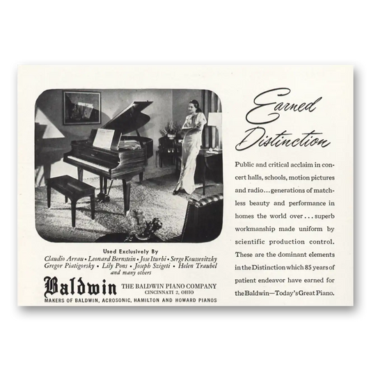 1947 Baldwin Piano Earned Distinction Vintage Magazine Print Ad