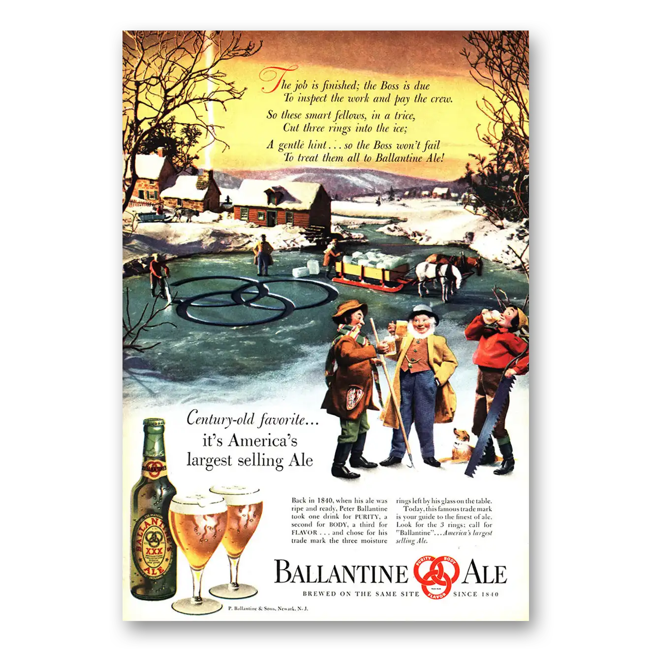 1947 Ballantines Ale Century Old Favorite Vintage Magazine Print Ad