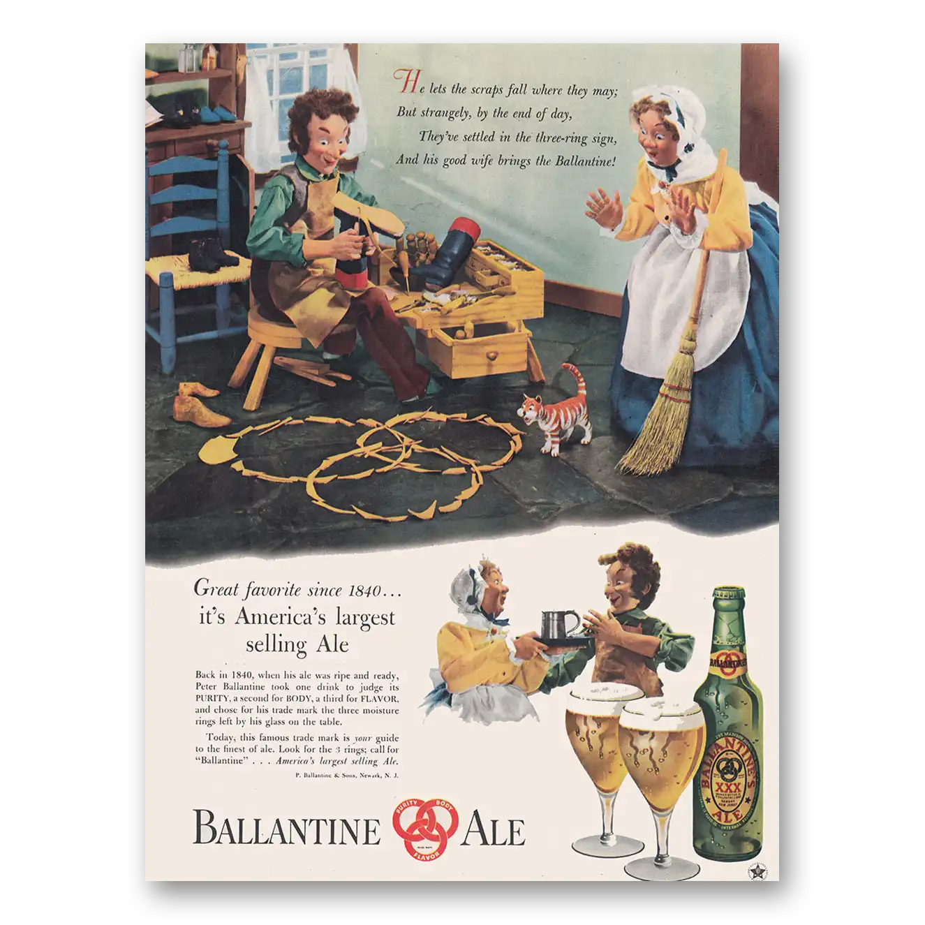 1947 Ballantines Ale He Lets the Scraps Fall Where they May Vintage Magazine Print Ad