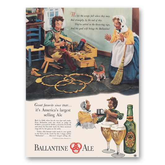 1947 Ballantines Ale He Lets the Scraps Fall Where they May Vintage Magazine Print Ad