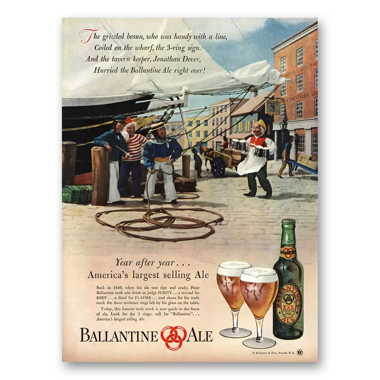 1947 Ballantines Ale Grizzled Bosun Handy With a Line Vintage Magazine Print Ad