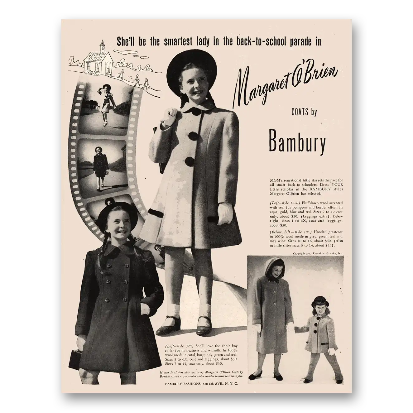 1947 Bambury Fashions Margaret Obrien Back to School Parade Vintage Magazine Print Ad