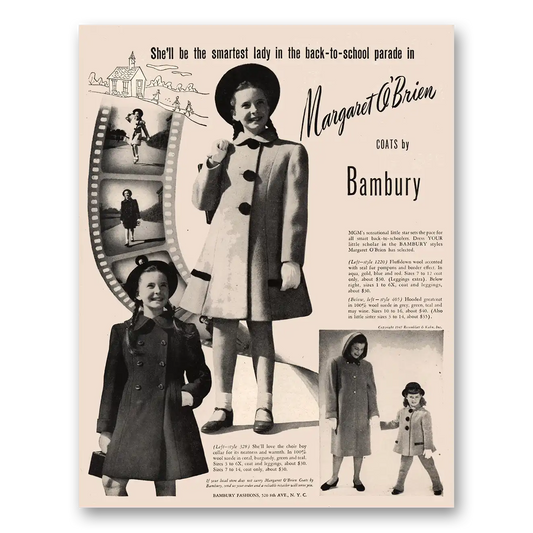 1947 Bambury Fashions Margaret Obrien Back to School Parade Vintage Magazine Print Ad