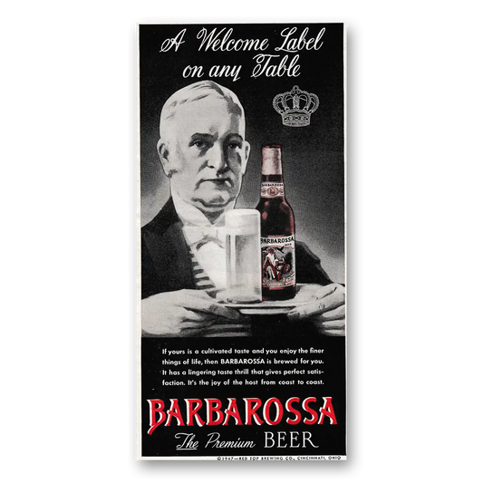 1947 Barbarossa Beer Welcome Label On Any Table Vintage Magazine Print Ad