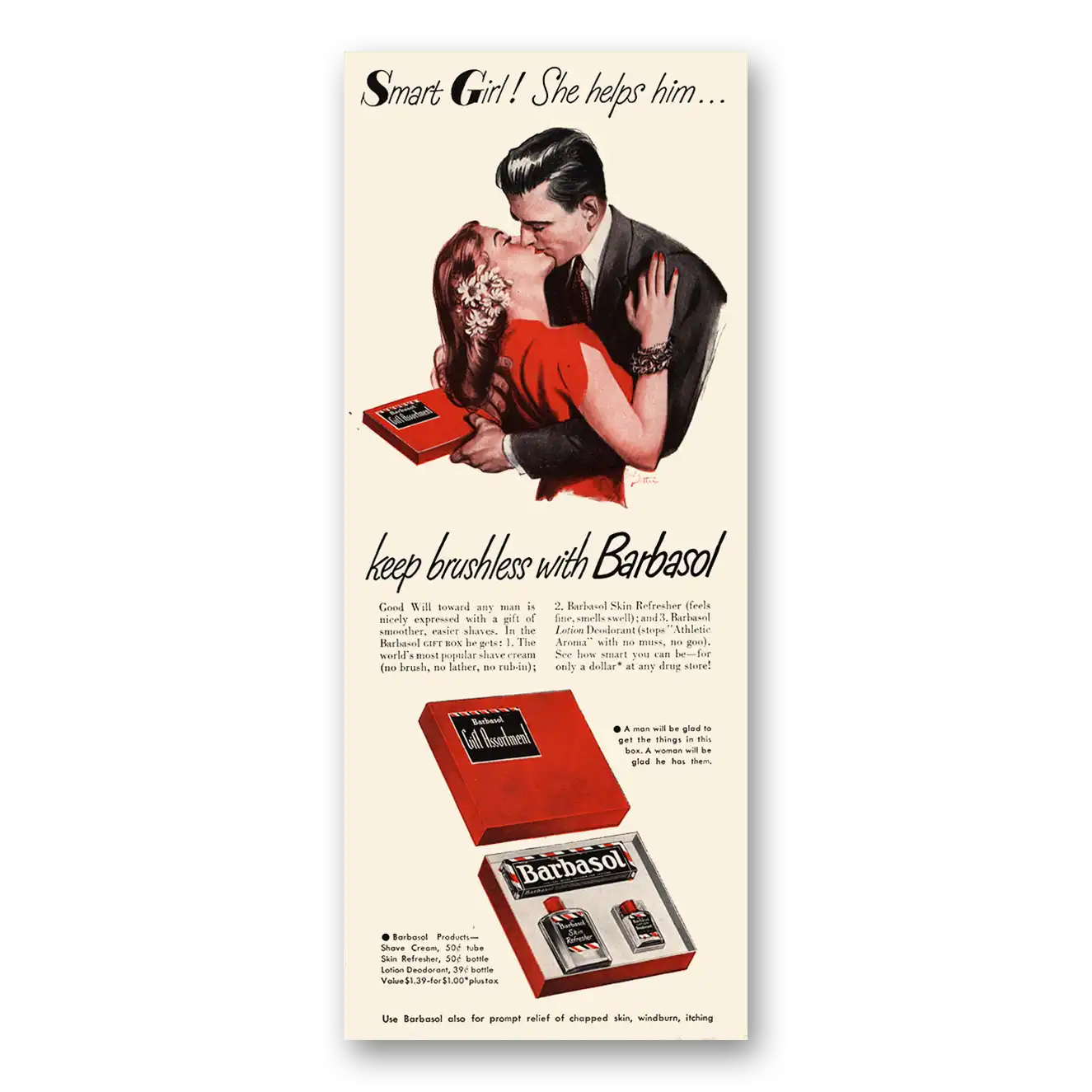 1947 Barbasol Shaving Cream Smart Girl She Helps Him Keep Brushless Vintage Magazine Print Ad