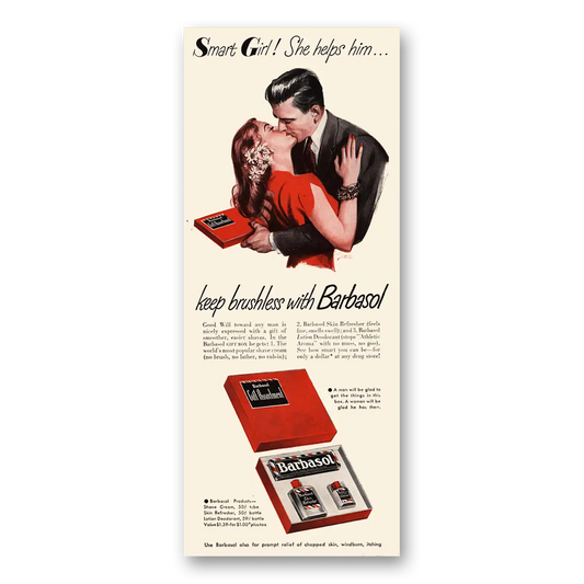 1947 Barbasol Shaving Cream Smart Girl She Helps Him Keep Brushless Vintage Magazine Print Ad