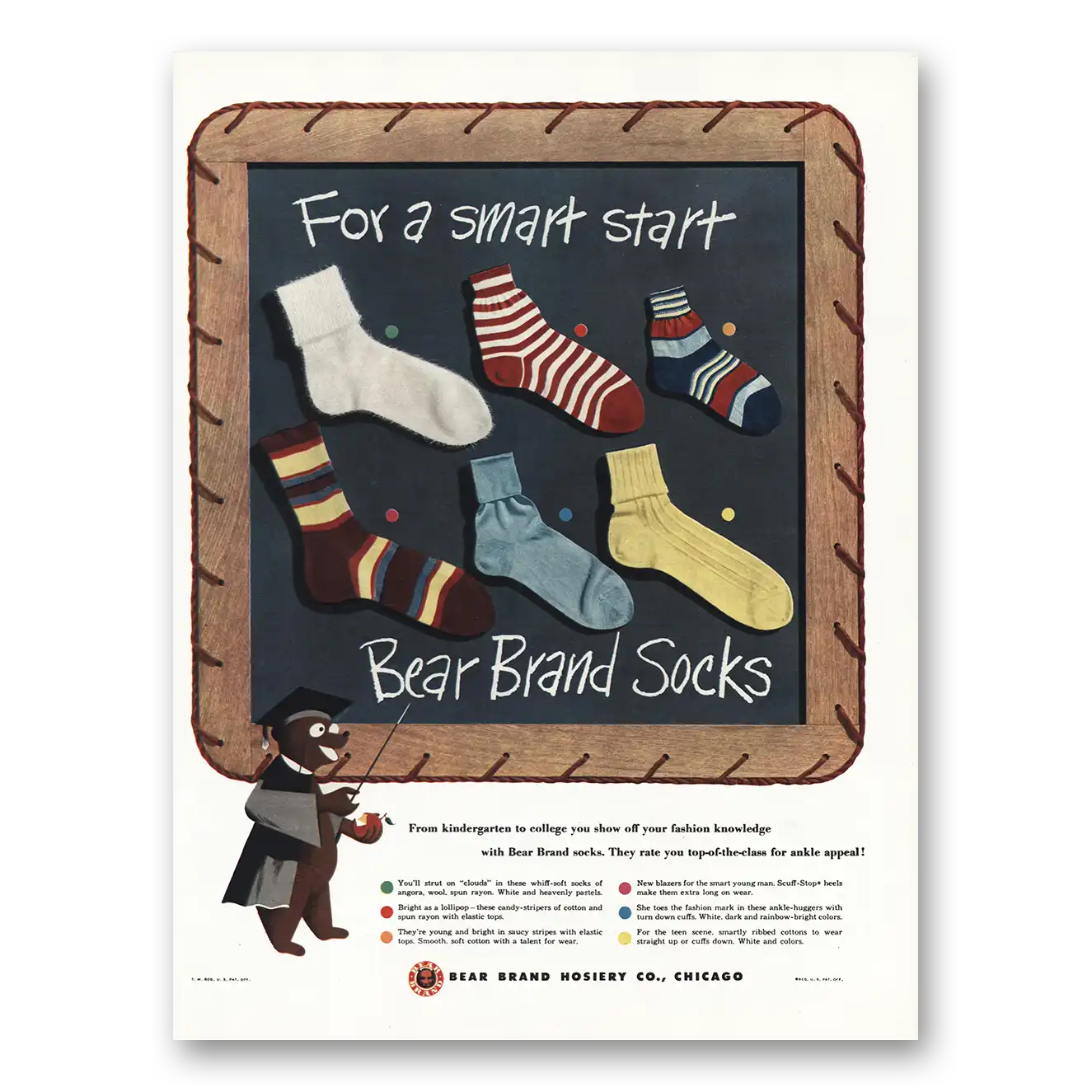 1947 Bear Brand Socks Smart Start Vintage Magazine Print Ad