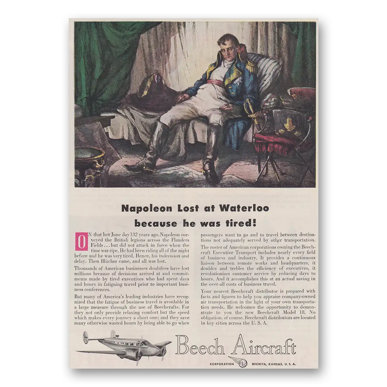 1947 Beechcraft Napoleon Lost at Waterloo Vintage Magazine Print Ad