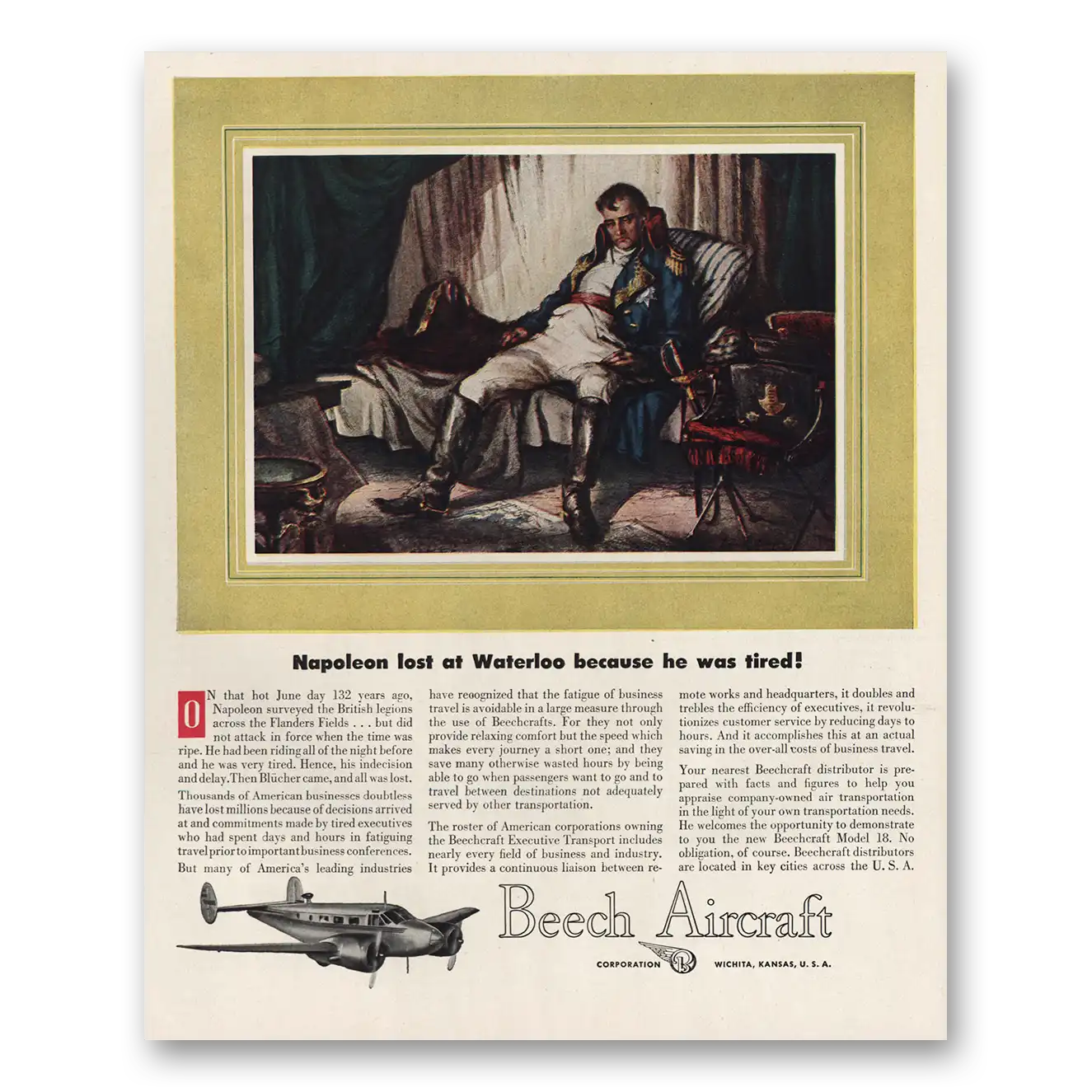 1947 Beechcraft Napoleon Lost at Waterloo Vintage Magazine Print Ad