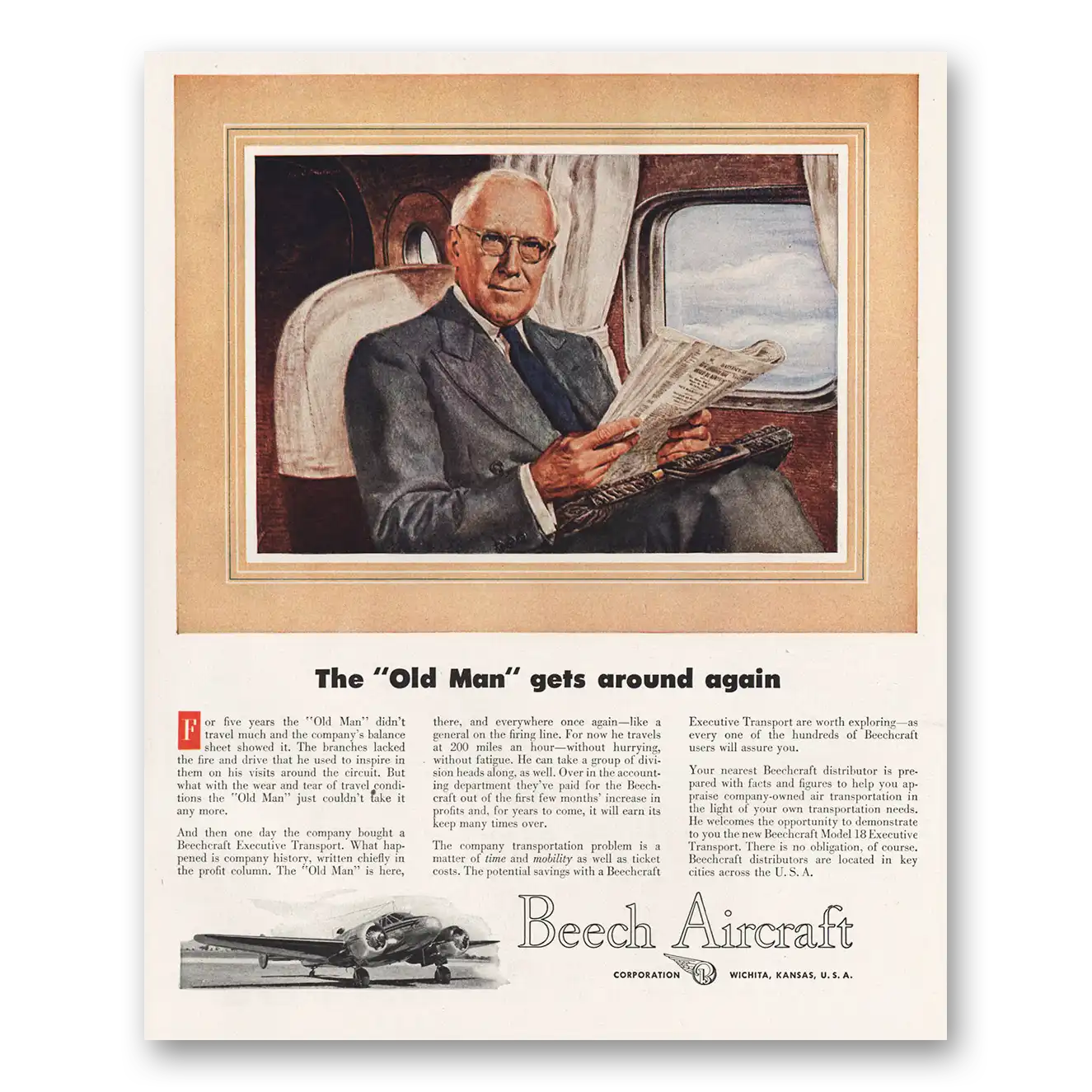 1947 Beechcraft Old Man Gets Around Again Vintage Magazine Print Ad