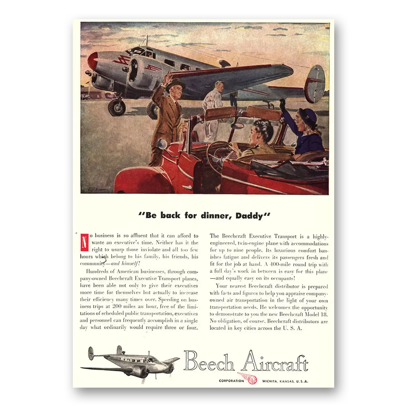 1947 Beechcraft Be Back for Dinner Daddy Vintage Magazine Print Ad