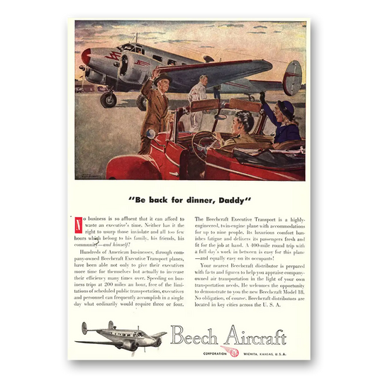 1947 Beechcraft Be Back for Dinner Daddy Vintage Magazine Print Ad