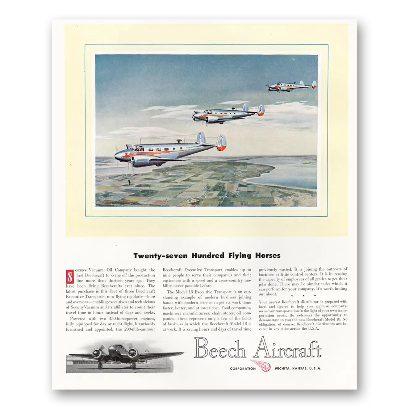 1947 Beechcraft Twenty Seven Hundred Flying Horses Vintage Magazine Print Ad