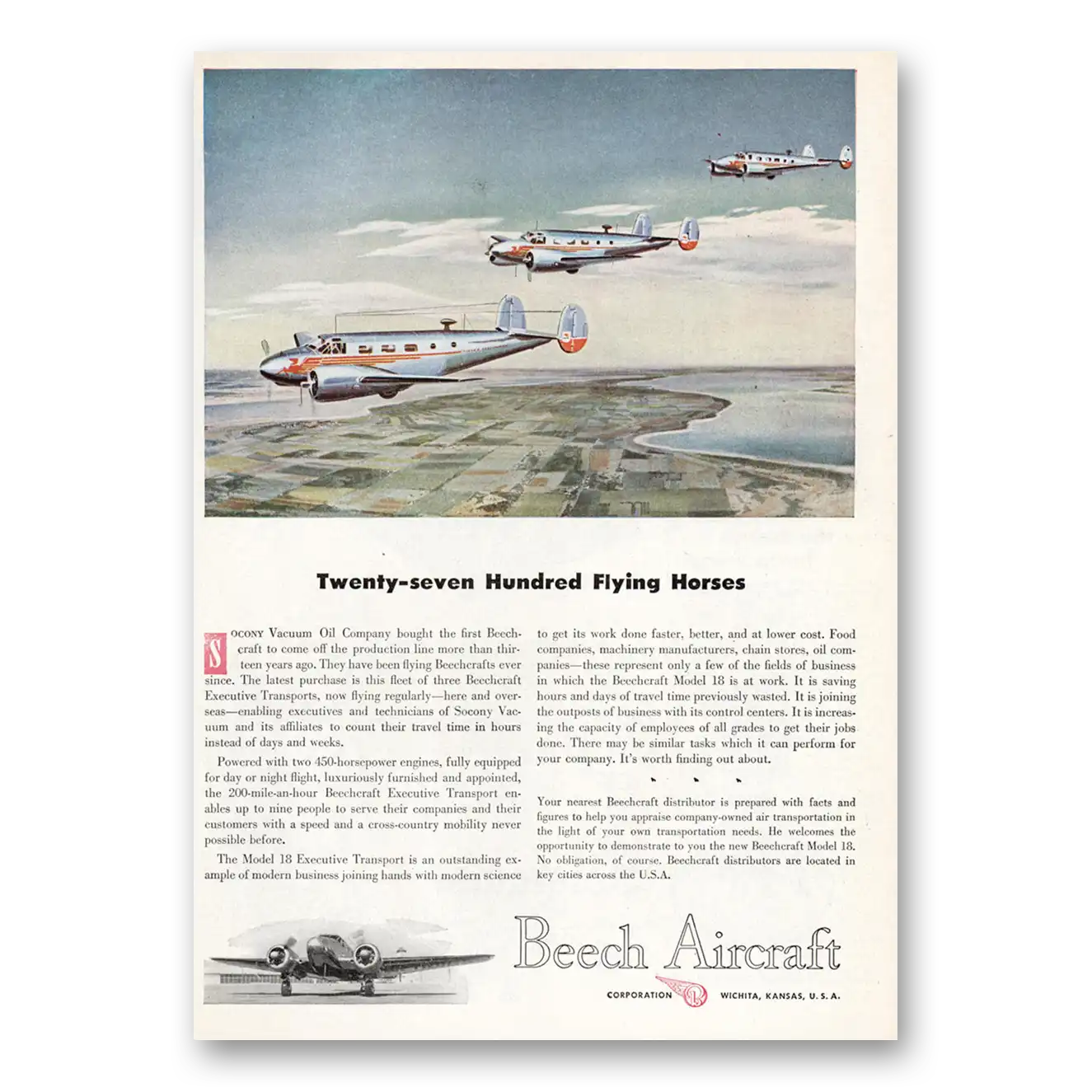 1947 Beechcraft Twenty Seven Hundred Flying Horses Vintage Magazine Print Ad