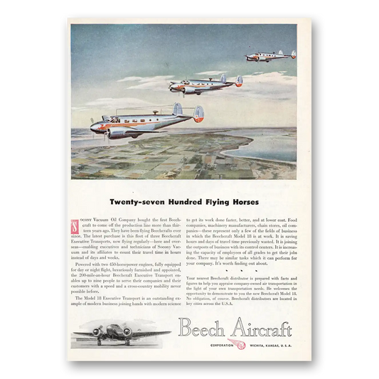 1947 Beechcraft Twenty Seven Hundred Flying Horses Vintage Magazine Print Ad