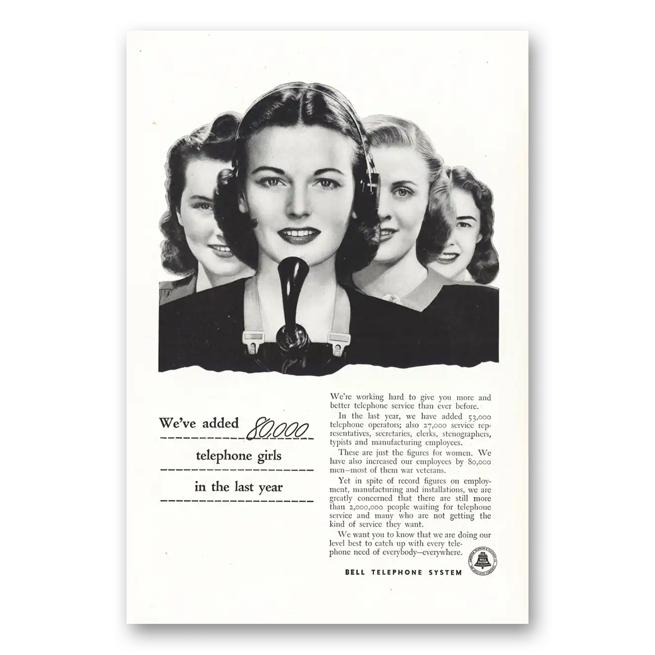 1947 Bell Telephone Telephone Girls Vintage Magazine Print Ad