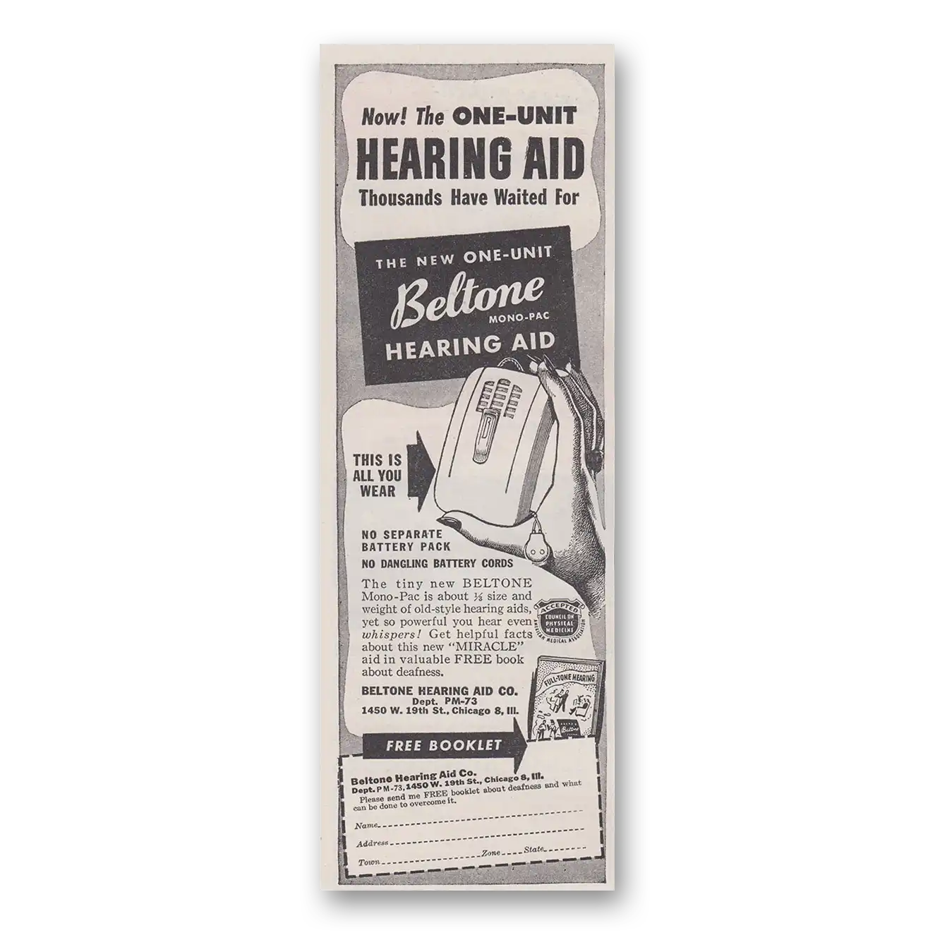 1947 Beltone Hearing Aid One Unit Vintage Magazine Print Ad