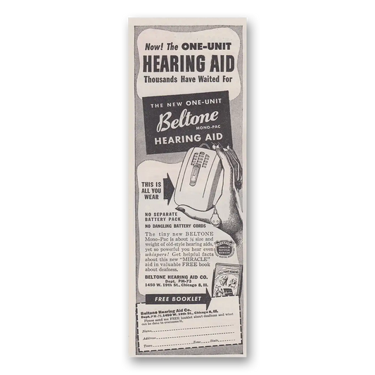 1947 Beltone Hearing Aid One Unit Vintage Magazine Print Ad