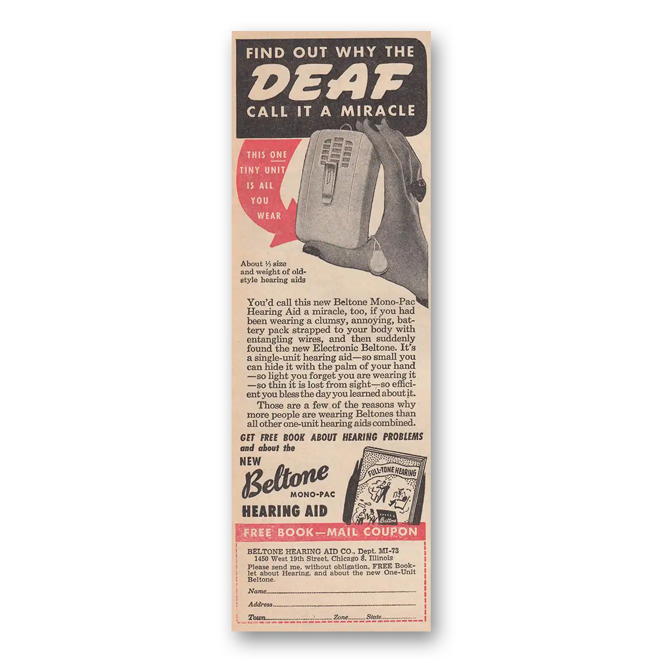 1947 Beltone Hearing Aid Deaf Call It a Miracle Vintage Magazine Print Ad