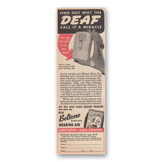 1947 Beltone Hearing Aid Deaf Call It a Miracle Vintage Magazine Print Ad