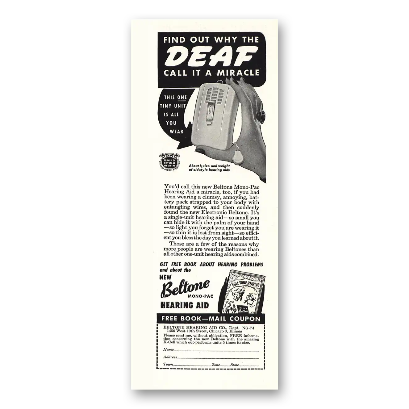 1947 Beltone Hearing Aid Deaf Call It a Miracle Vintage Magazine Print Ad