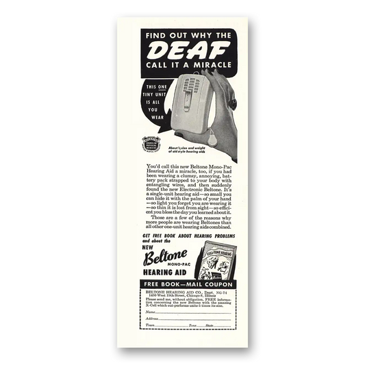 1947 Beltone Hearing Aid Deaf Call It a Miracle Vintage Magazine Print Ad