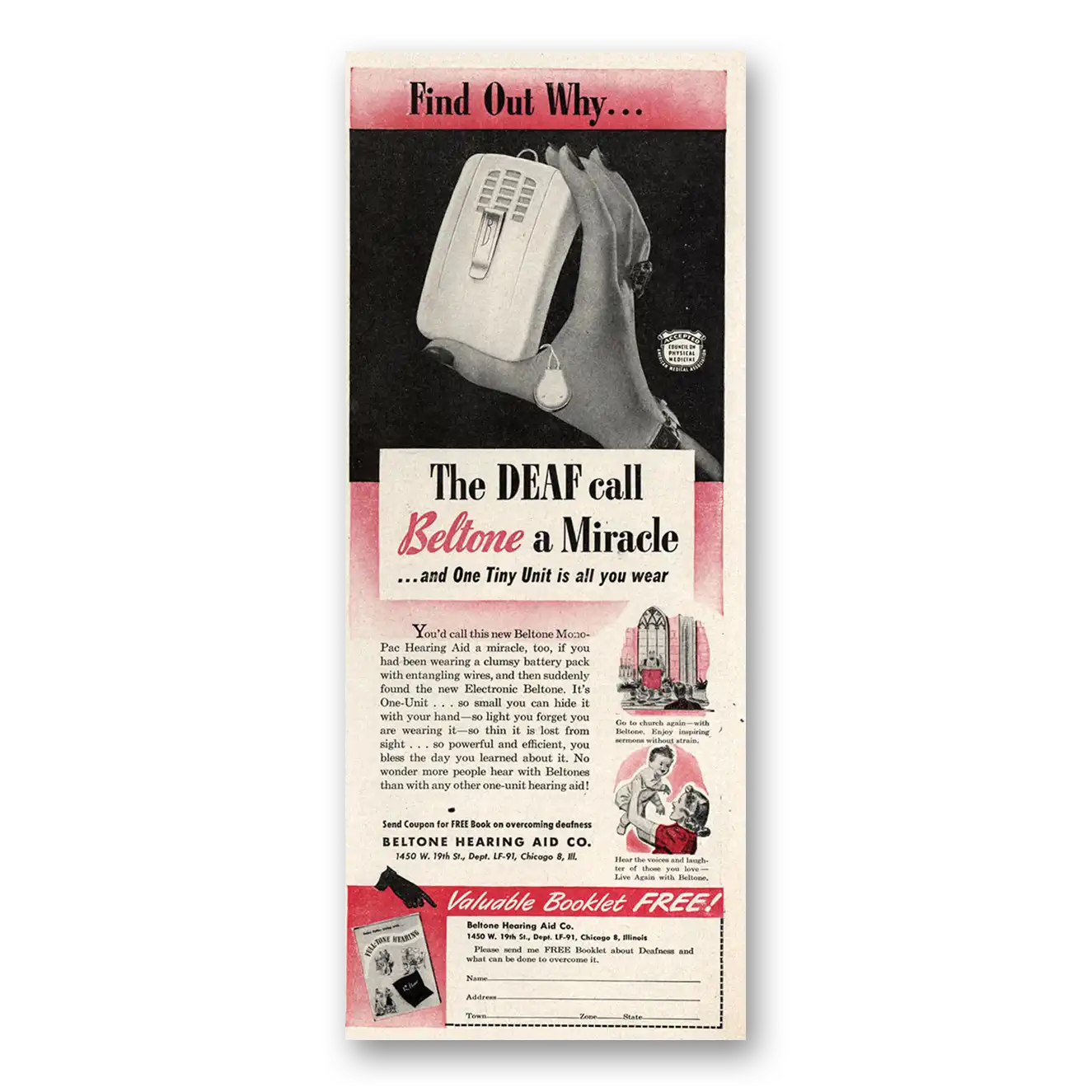 1947 Beltone Hearing Aid Deaf Call Beltone a Miracle Vintage Magazine Print Ad