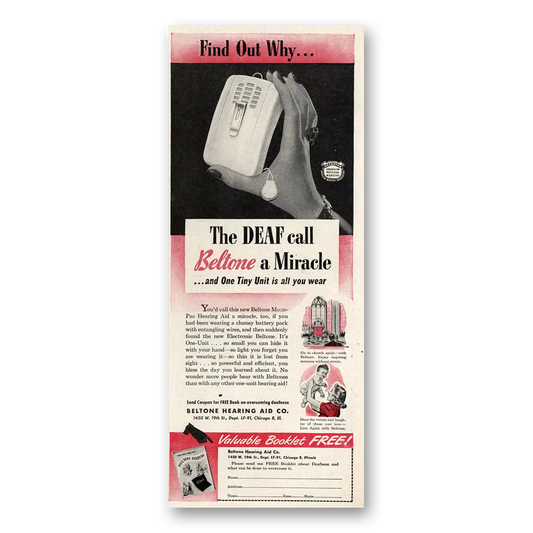 1947 Beltone Hearing Aid Deaf Call Beltone a Miracle Vintage Magazine Print Ad